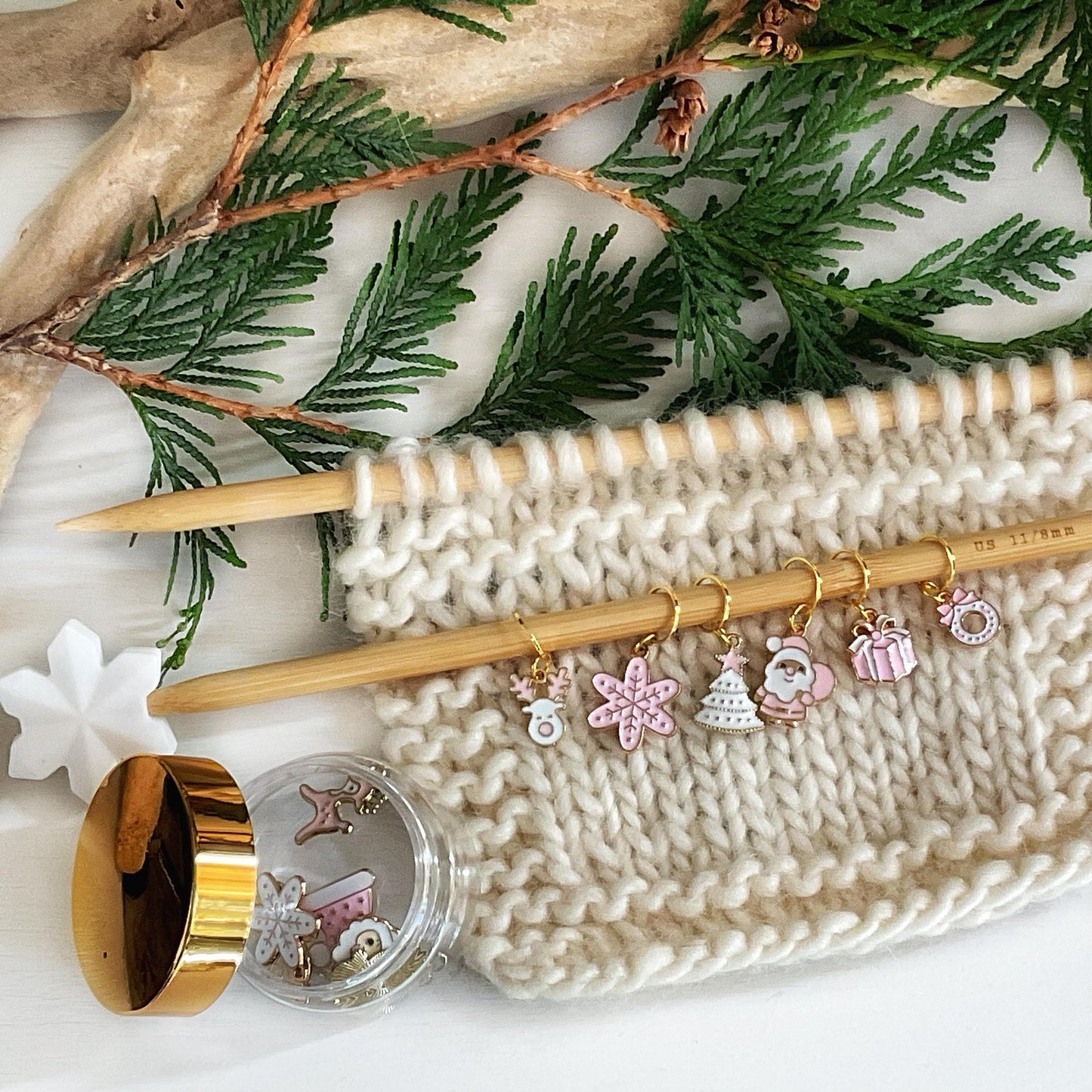 MODERN CHRISTMAS set of 6 Pink & White knit or crochet stitch markers + storage jar w/ lid- Limited Edition #1