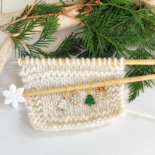CHRISTMAS TRADITIONS Set of 4 knit + crochet white and green stitch markers + storage jar/ lid choose your findings tree, wreath + snowflake
