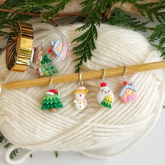CHRISTMAS KAWAII Set of 4 knit + crochet stitch markers  + storage jar, dancing tree, animated ornament, snowman + pink gingerbread house