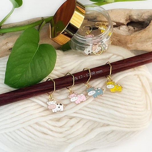 BARNYARD Animals - CHICKEN, Cow, SHEEP or Owl, Knit + Crochet set of 5 colorful enamel Stitch Markers + elegant storage jar + secure lid