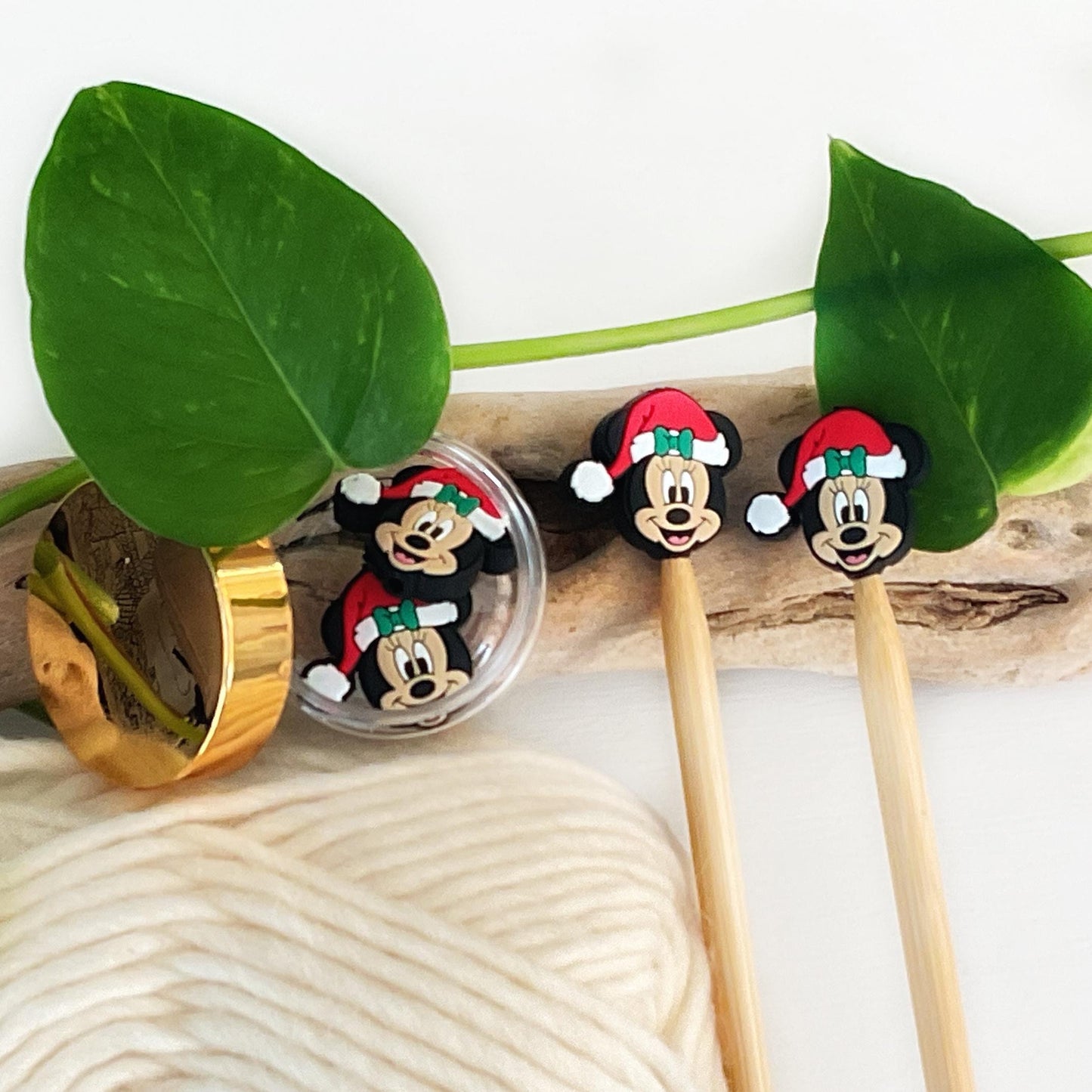 FESTIVE MINNIE MOUSE, Set of 2 stitch stoppers, knitting needle point protectors keep your stitches safe, crochet hook buddies, 2 styles
