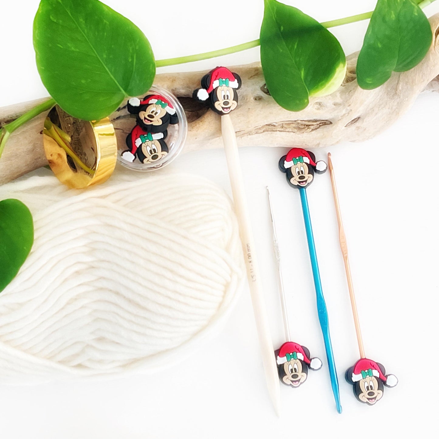 FESTIVE MINNIE MOUSE, Set of 2 stitch stoppers, knitting needle point protectors keep your stitches safe, crochet hook buddies, 2 styles