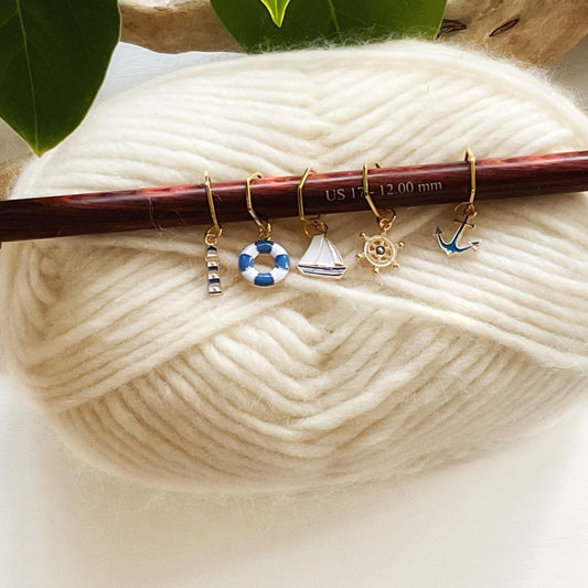 SAILING LOVERS stitch markers, 5 metal + enamel knit or crochet markers: boat, wheel, lifebouy, lighthouse,  anchor + storage jar w/ lid