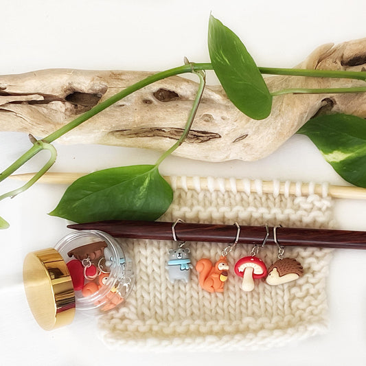 Hedgehogs and Squirrels and Bears, oh my! And Mushrooms stitch markers for knit or crochet + storage jar w/ lid