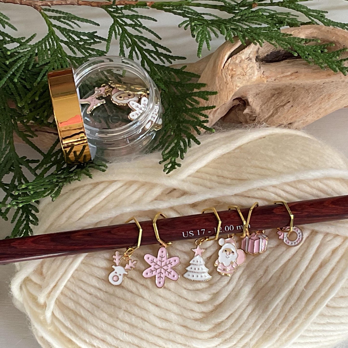 MODERN CHRISTMAS set of 6 Pink & White knit or crochet stitch markers + storage jar w/ lid- Limited Edition #1