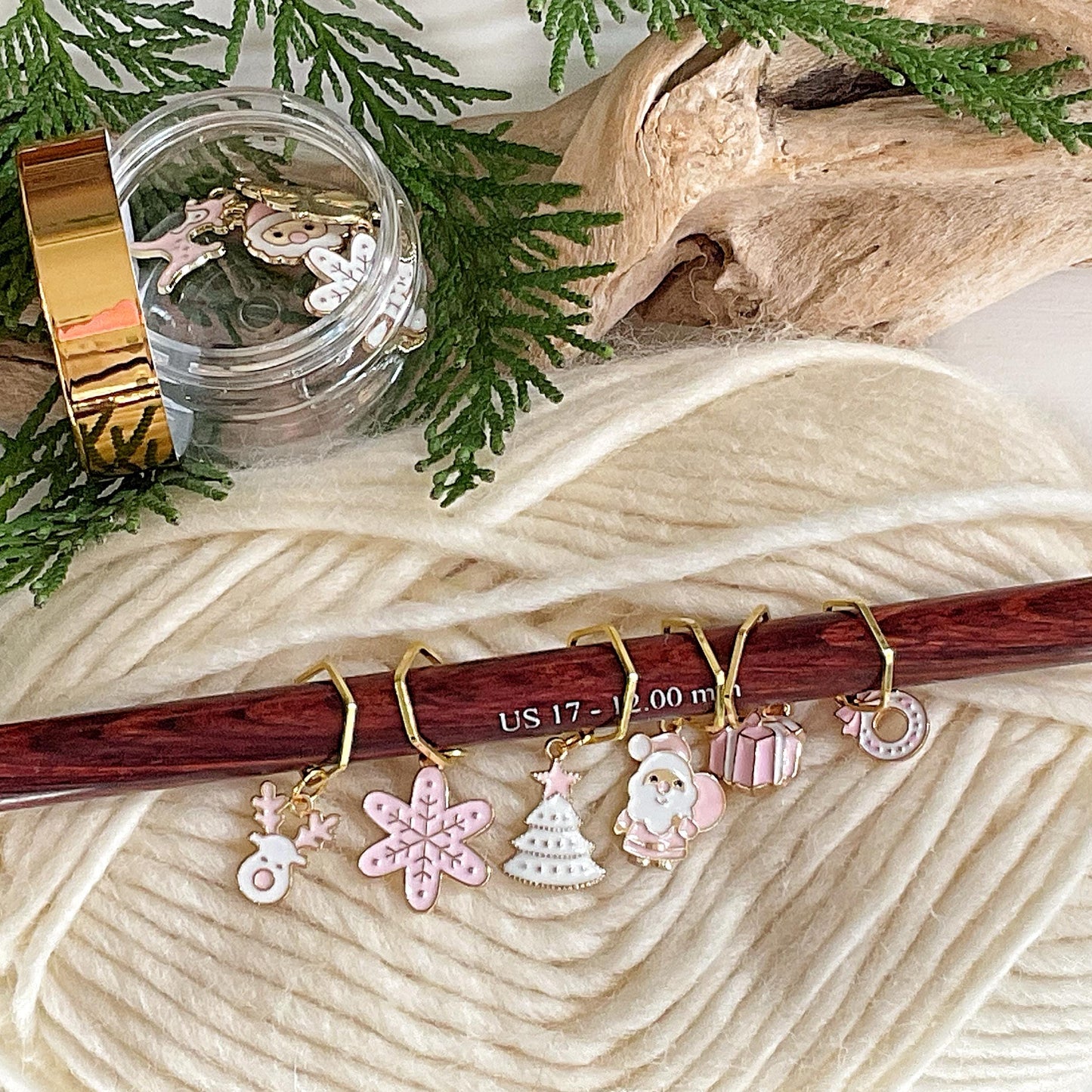 MODERN CHRISTMAS set of 6 Pink & White knit or crochet stitch markers + storage jar w/ lid- Limited Edition #1