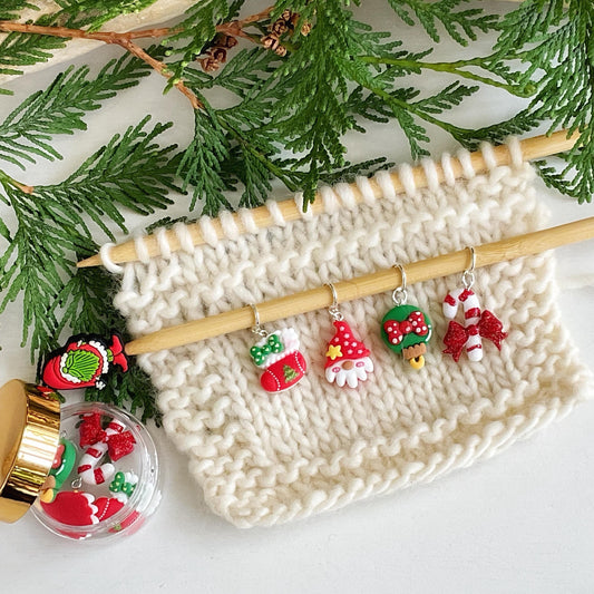 CHRISTMAS GNOME Set of 4 knit + crochet stitch markers  + storage jar with candy cane, Santa gnome, ornament + stocking, choose you findings