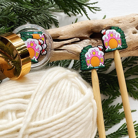 CHRISTMAS WHO HOUSE knitting needle + crochet hook buddy, Set of 2 festive, winter holiday stitch stoppers, knitting needle point protectors