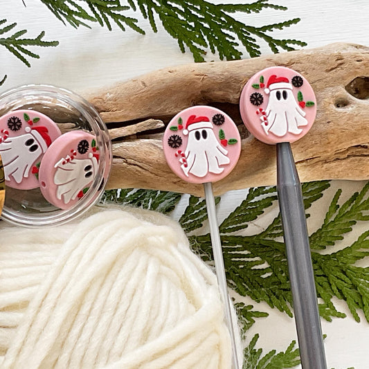 GHOST of CHRISTMAS PRESENT knitting needle point protectors + crochet hook buddy Set of 2 festive winter holiday stitch stoppers, pink Xmas