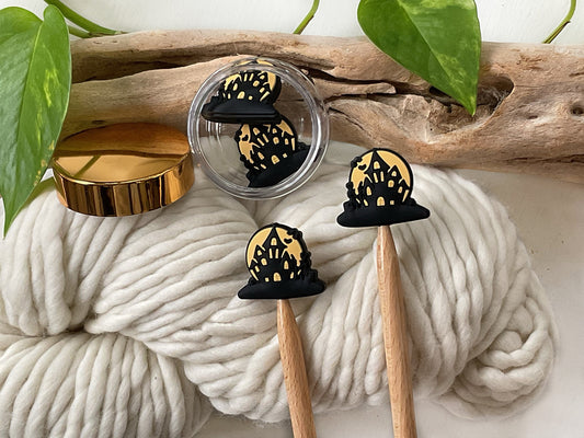 SPOOKY HAUNTED HOUSE Mansion Stitch stoppers + Bat Stitch marker, Set of 2 knitting needle point protectors Knit tools Halloween + Fun Knits