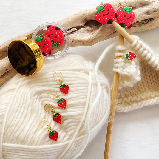 STITCH STOPPERS + MARKERS Set, 2 Strawberries stitch Stoppers + 4 fixed or removable strawberry stitch markers + storage jar, Knit & Crochet