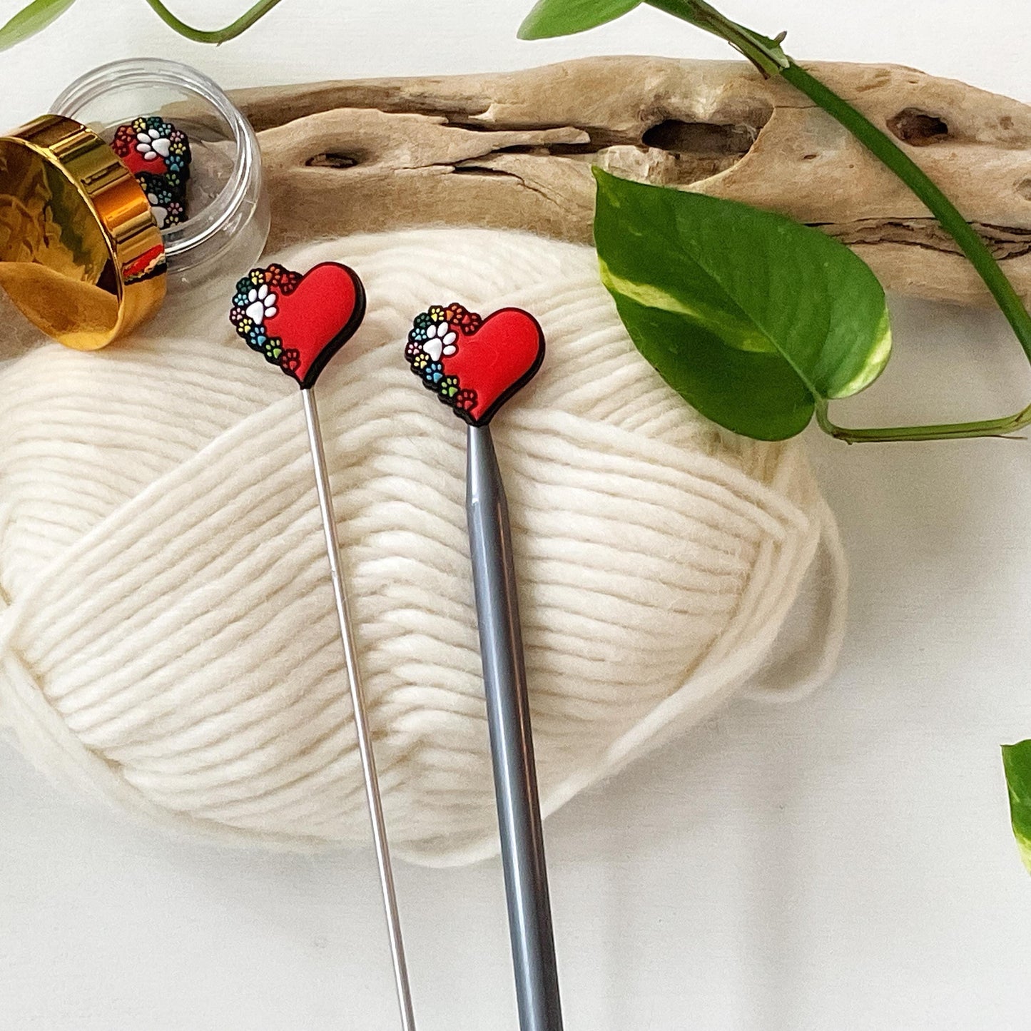 PAW PRINTS across my HEART, knitting needle point protectors for dog + cat lovers, crochet hook buddies, show love for your pets
