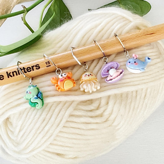 INTO THE SEA Set of 5 Stitch markers, knit or crochet progress keepers, choose your findings, includes storage jar + lid
