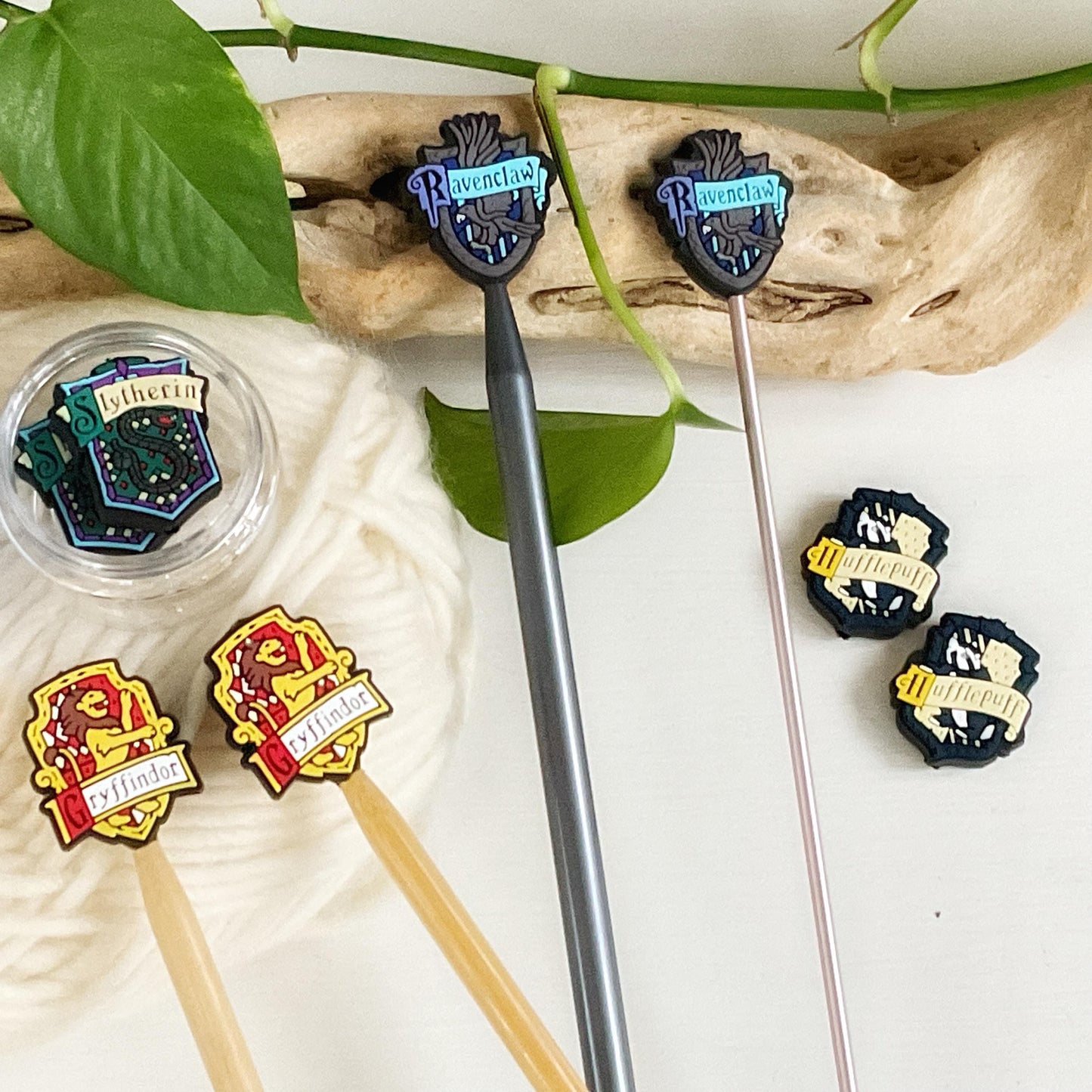 WIZARDING School HOUSE SHIELDS, Set of 2 Knitting Stitch Stoppers Crochet Hook buddies knitting needle point protectors