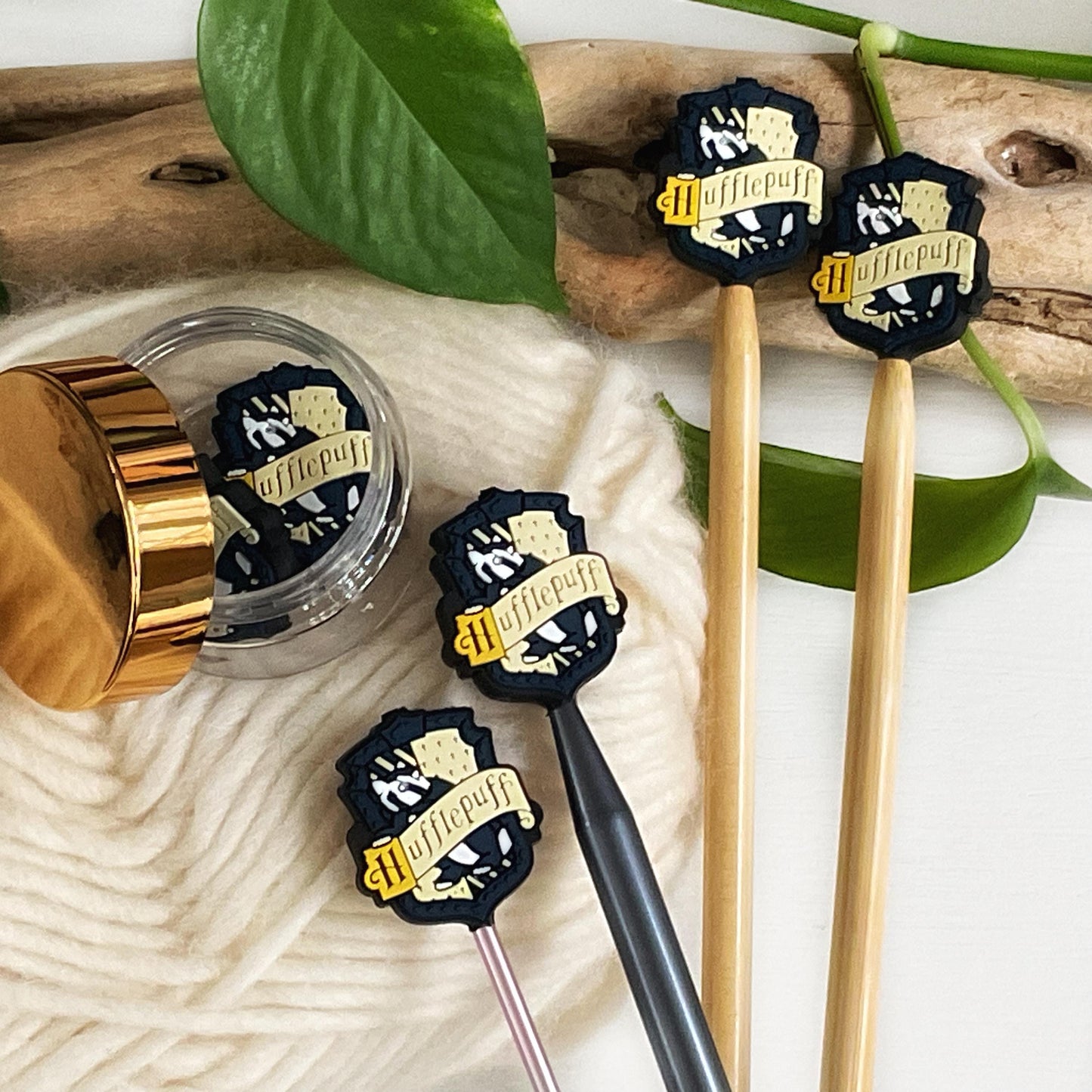 WIZARDING School HOUSE SHIELDS, Set of 2 Knitting Stitch Stoppers Crochet Hook buddies knitting needle point protectors