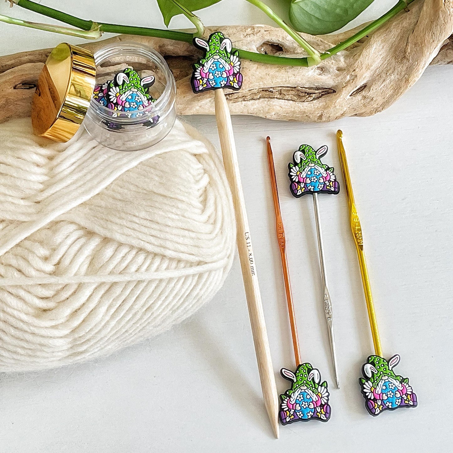 GNOME dressed as EASTER BUNNY with colorful egg, Set of 2 knitting needle point protectors, put your knitting down & keep your stitches safe