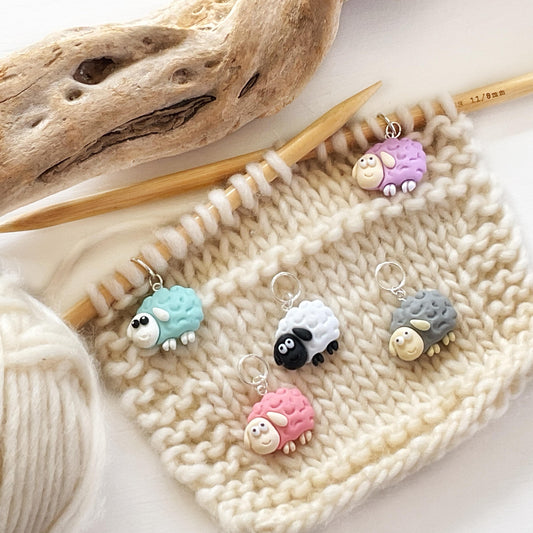 COLORFUL SHEEP Set of 5 Stitch markers, knit or crochet progress keepers, choose your findings, includes storage jar + lid