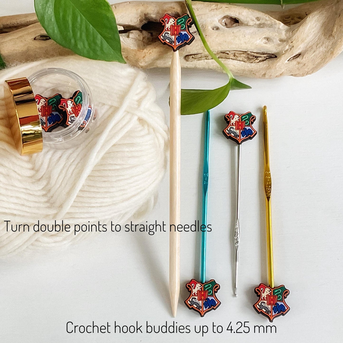 WIZARDING SCHOOL SHIELD, Set of 2 knitting needle point protectors, Crochet Hook buddies, put your knitting down & keep your  stitches safe
