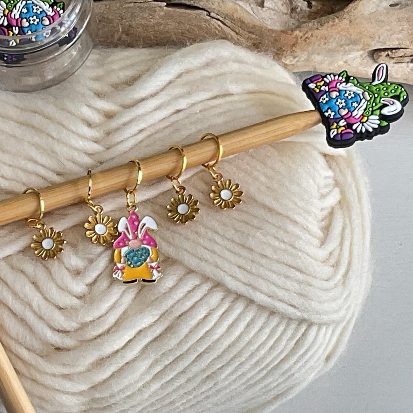 GNOME dressed as EASTER BUNNY with colorful egg, Set of 2 knitting needle point protectors, put your knitting down & keep your stitches safe