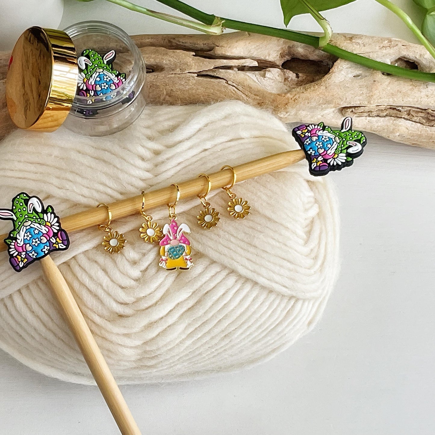 GNOME dressed as EASTER BUNNY with colorful egg, Set of 2 knitting needle point protectors, put your knitting down & keep your stitches safe