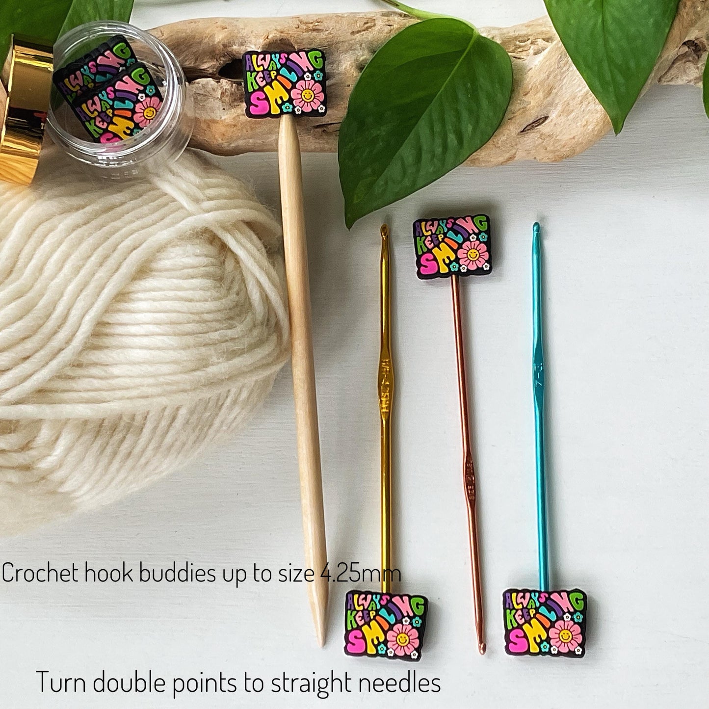 ALWAYS KEEP SMILING Funky seventies style colorful reminder w/smiling flowers, Set of 2 knitting needle point protectors, keep stitches safe