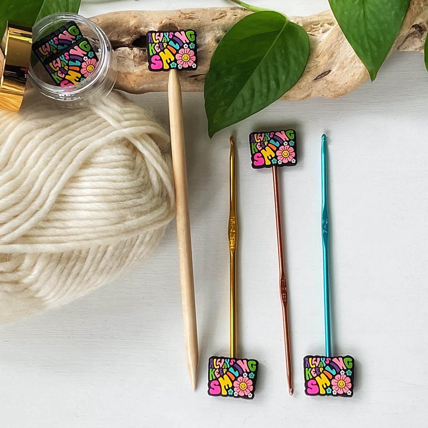 ALWAYS KEEP SMILING Funky seventies style colorful reminder w/smiling flowers, Set of 2 knitting needle point protectors, keep stitches safe