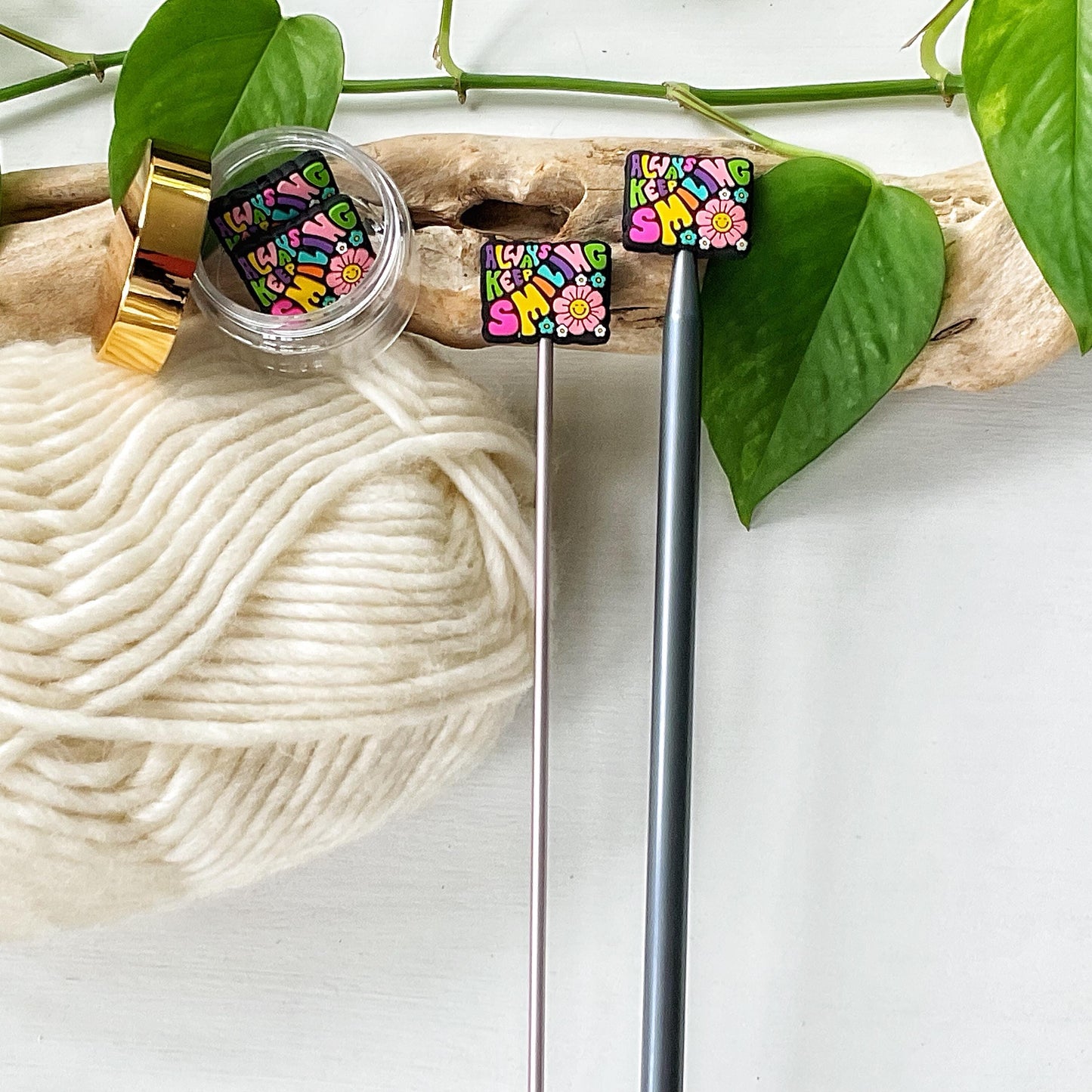 ALWAYS KEEP SMILING Funky seventies style colorful reminder w/smiling flowers, Set of 2 knitting needle point protectors, keep stitches safe