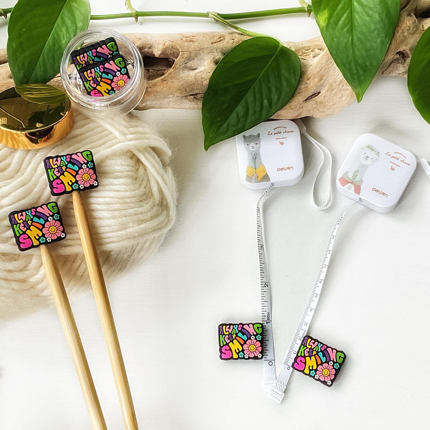 ALWAYS KEEP SMILING Funky seventies style colorful reminder w/smiling flowers, Set of 2 knitting needle point protectors, keep stitches safe